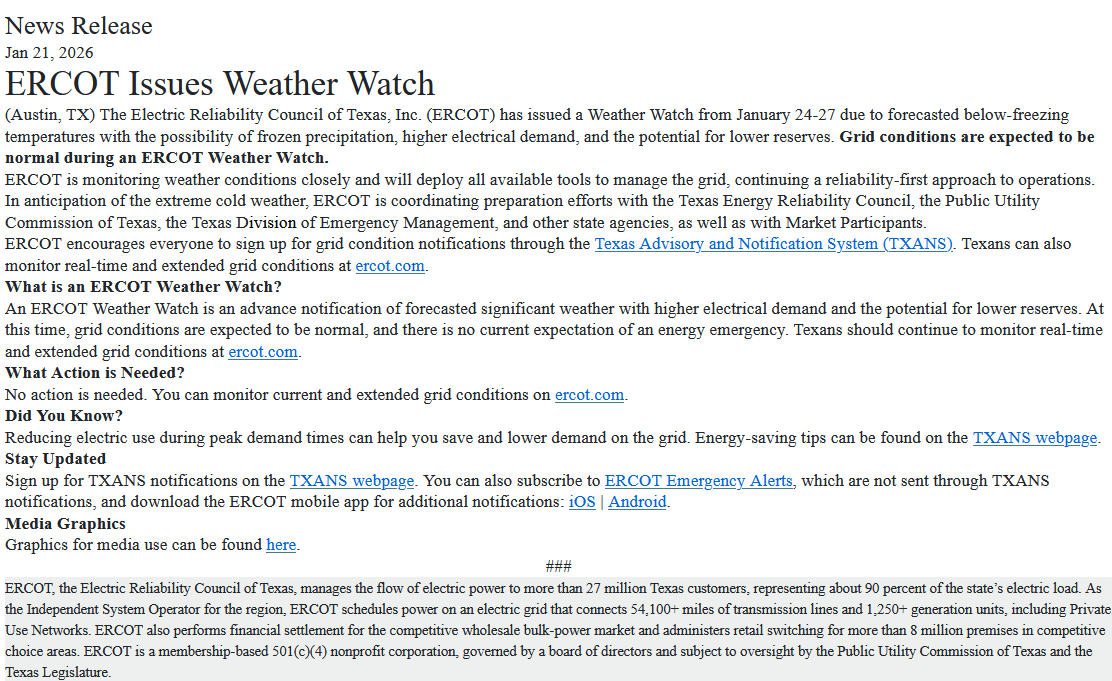 Ercot  Weather Announcement